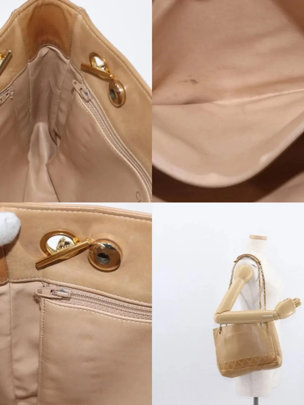 CHANEL Chain Matelasse Shoulder Bag Lamb Skin Beige Gold CC Auth gh1553